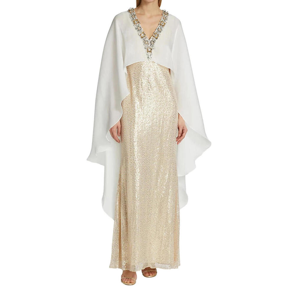 Badgley Mischka Sequined Cape Dress Gold sz 0 Modest $1300 NWT OSCAR GALA MOB